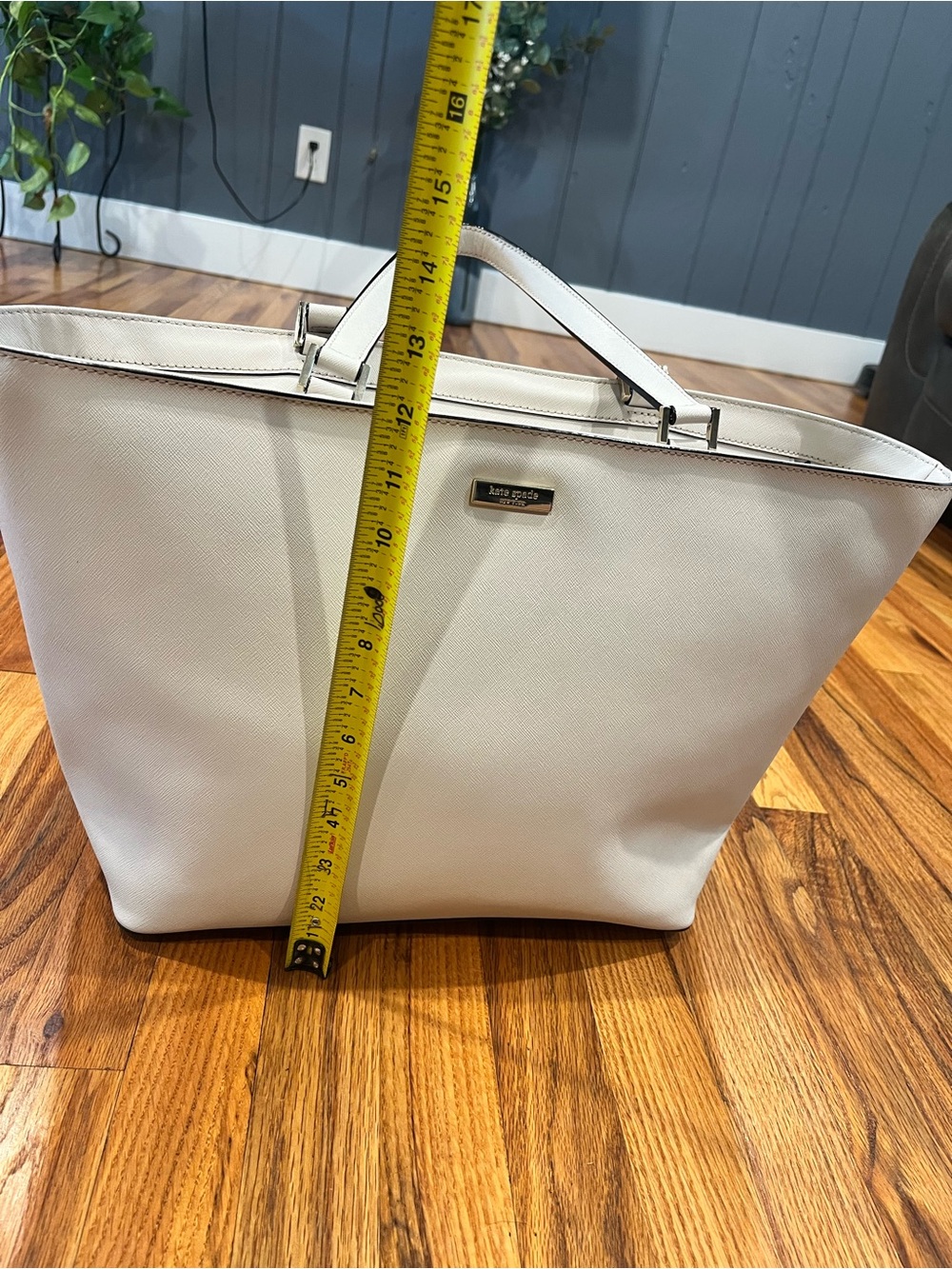 kate spade Cream Structured Saffiano Tote with Gold Plaque - Picture 3 of 13